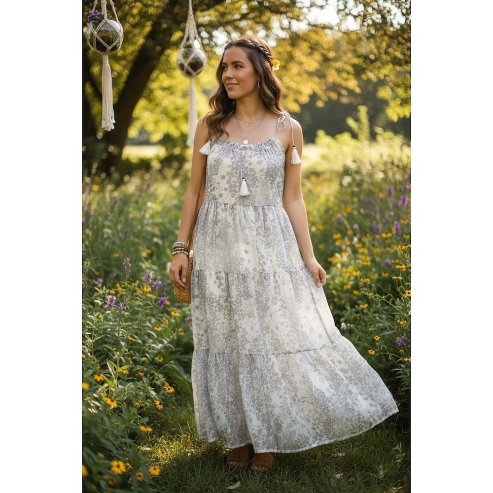 STORIA Maxi Dress‎ Size S Gray Floral Tiered Tassel Tie Straps boho Cottagecore